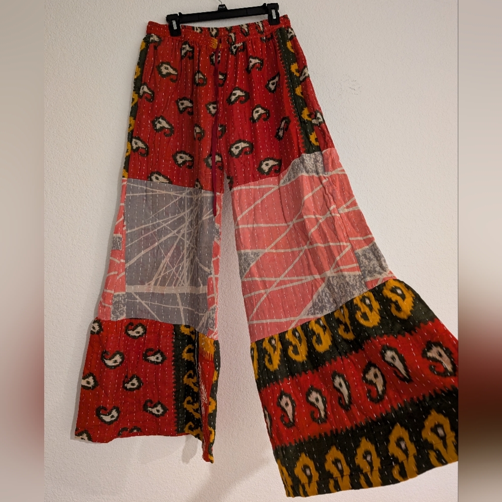 Bohemian Kantha Patchwork Wide-Leg Palazzo Pants